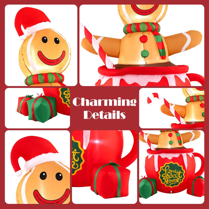 Load image into Gallery viewer, Goplus 7 Ft Christmas Inflatable, Blow up Pre-Lit Gingerbread Man in Mug with Gift Boxes & Candy Cane