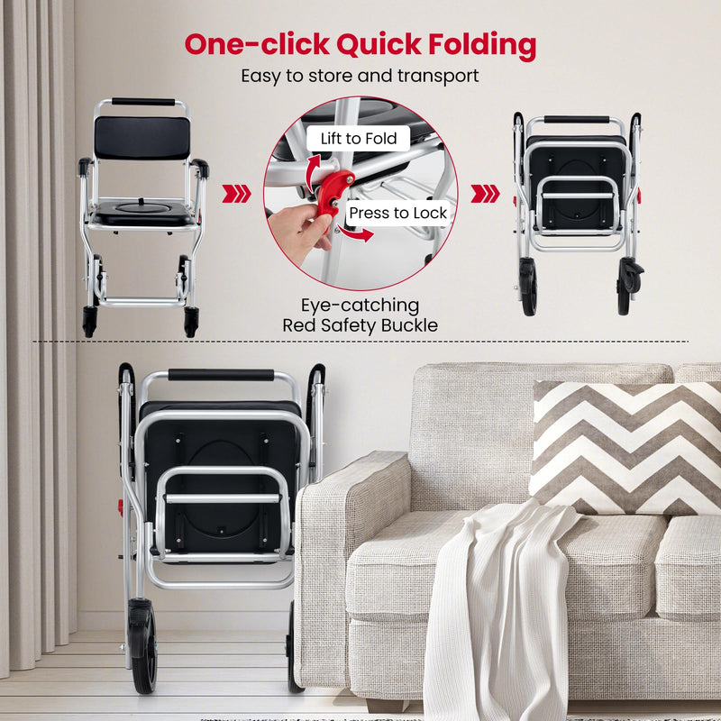 Load image into Gallery viewer, Goplus 4 in 1 Shower Commode Wheelchair, 330lbs Foldable Bedside Commode Chair for Toilet with Arms