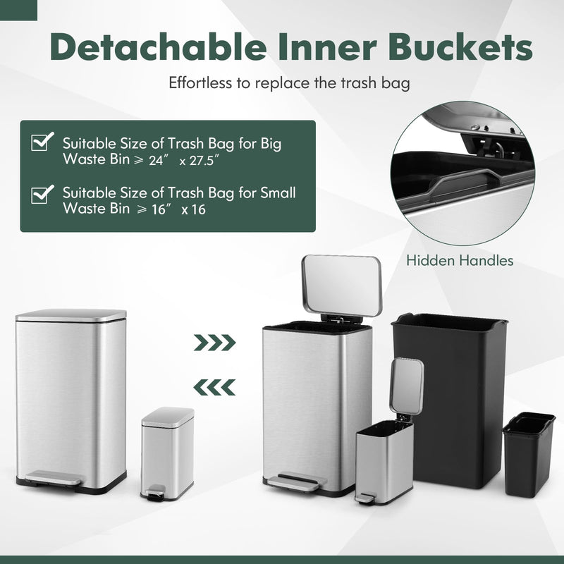 Load image into Gallery viewer, Goplus Step Trash Can Combo Set, 10.6 Gal/40 L and 1.6 Gal/6 L Stainless Steel Waste Bin