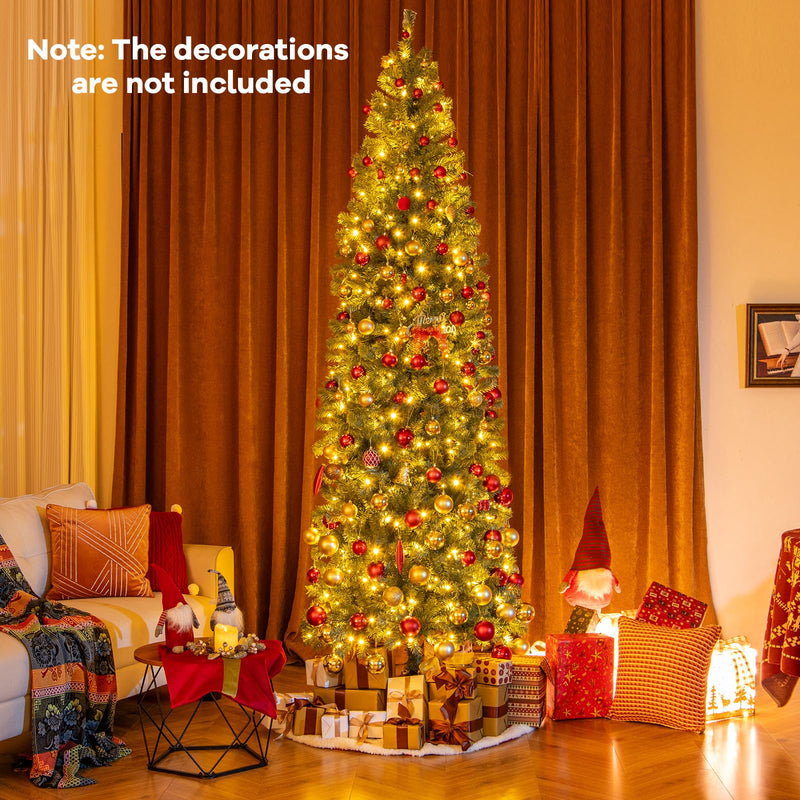 Load image into Gallery viewer, Goplus 9ft Pre-Lit Blue Slim Pencil Christmas Tree with 500 Warm White & Multicolored LED Lights, 9 Modes, 1168 Branch Tips