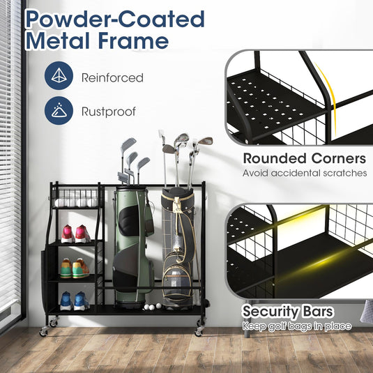 Goplus Golf Bags Storage Garage Organizer, Golf Bag Rack with Lockable Universal Wheels for Golf Clubs
