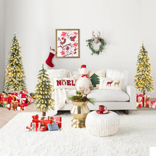 Goplus 3' 4' 5' Pre-Lit Artificial Christmas Tree Set, Slim Pencil Xmas Trees with Snowy Leaves