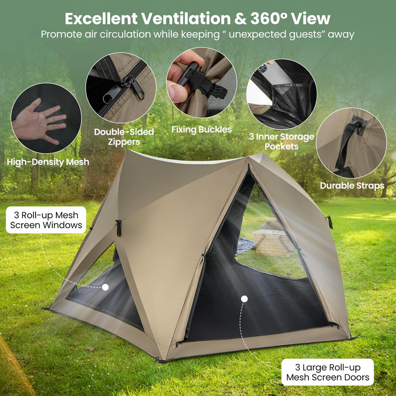 Load image into Gallery viewer, Goplus Pop-up Camping Tent for 4/5/6 Person, 6-Sided Family Tent w/Rainfly, Skylight, 3 Doors