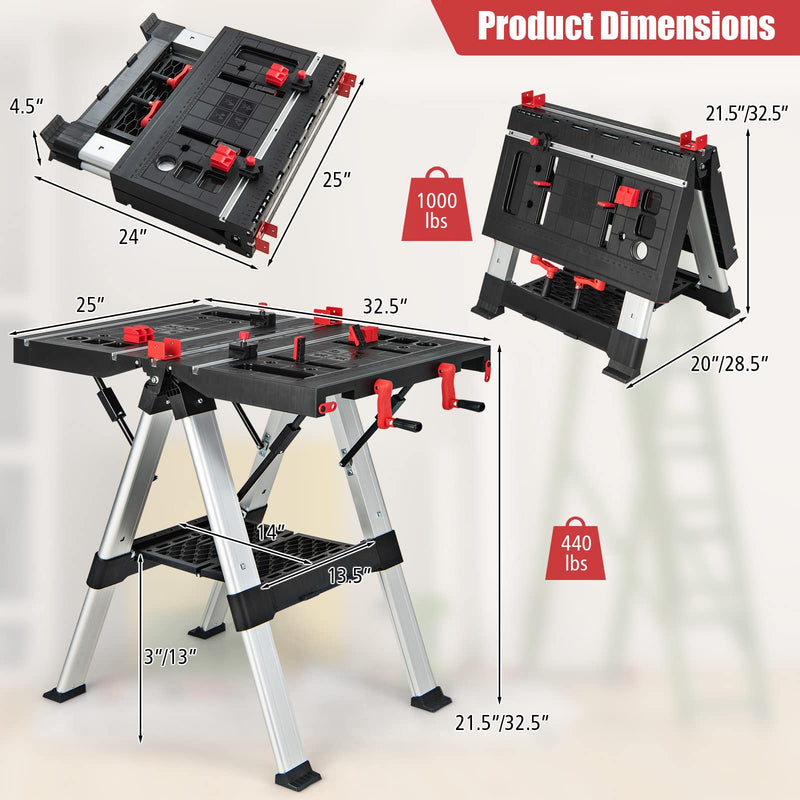 Load image into Gallery viewer, Goplus Portable Workbench, Folding Work Table & Sawhorse with Adjustable Height, 440LBS Capacity