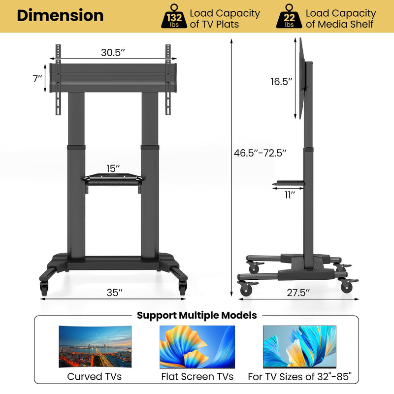 Load image into Gallery viewer, Goplus Rolling TV Stand for 32"-85" Flat Curved LED/LCD/OLED TVs up to 132 LBS, Mobile Floor TV Trolley Max VESA 400 x 700 mm