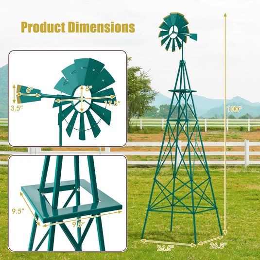 Goplus 8 ft Ornamental Windmill, All-Weather Metal Wind Mill w/ 4 Support Legs, Decorative Weathervane