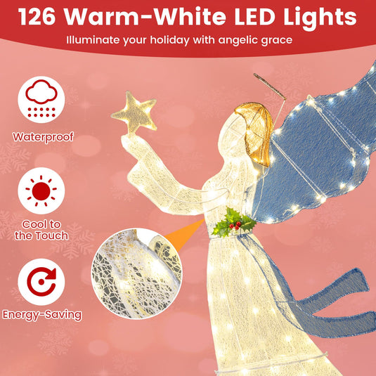 Goplus 5 Ft Lighted Christmas Angel with Star Halo Spreading Wings