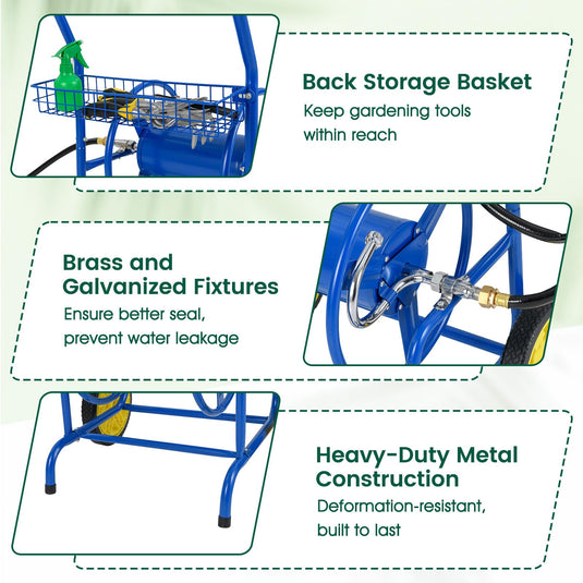 Goplus Heavy-Duty Metal Hose Cart w/2 Wheels & Storage Basket | 230 FT of 5/8" Large Capacity