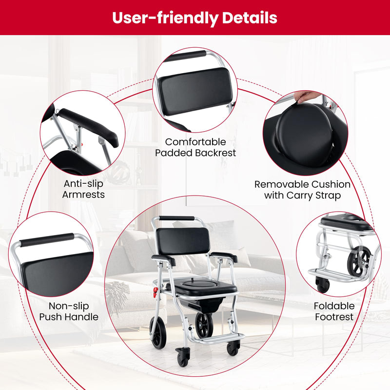 Load image into Gallery viewer, Goplus 4 in 1 Shower Commode Wheelchair, 330lbs Foldable Bedside Commode Chair for Toilet with Arms