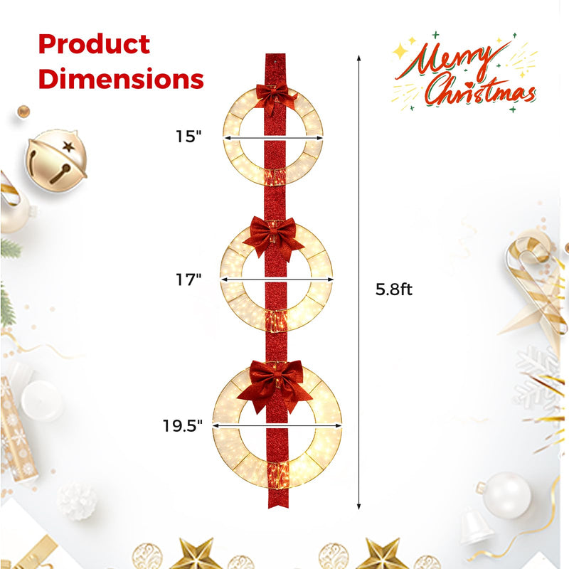 Load image into Gallery viewer, Goplus Set of 3 Pre-Lit Wreaths, 5.8 FT Xmas Light-up Decorations on Red Ribbon with 450 LED Lights