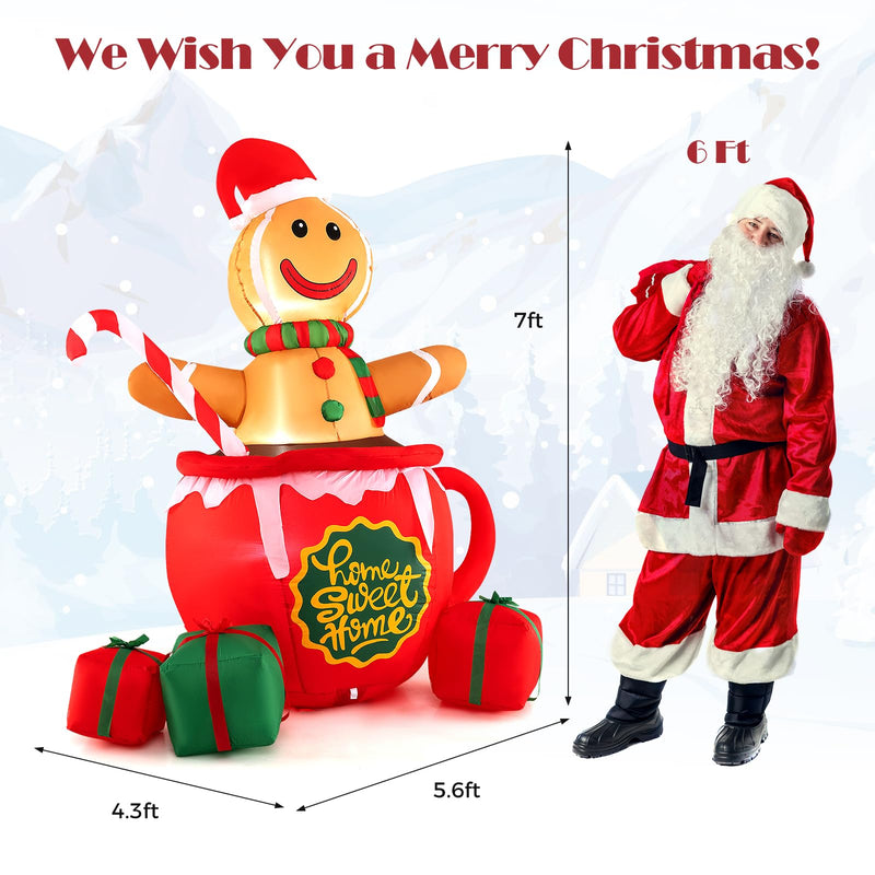 Load image into Gallery viewer, Goplus 7 Ft Christmas Inflatable, Blow up Pre-Lit Gingerbread Man in Mug with Gift Boxes & Candy Cane