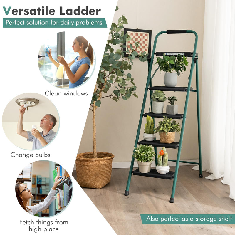 Load image into Gallery viewer, Goplus Folding Step Ladder, 4-Step Ladder w/Tool Tray, Non-Slip Footpads & Pedals