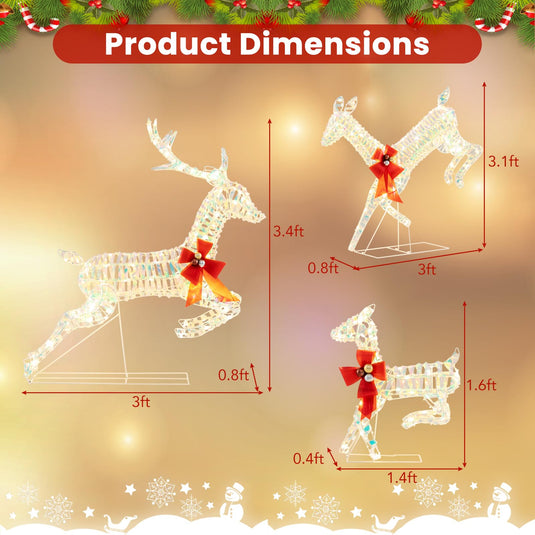 Goplus Christmas Lighted Reindeer, Set of 3 Reindeer Decorations with LED Lights and Red Bows