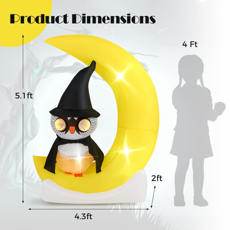 Load image into Gallery viewer, Goplus 5.1 Ft Halloween Inflatables, Pre-Lit Owl on The Moon with Witch Hat