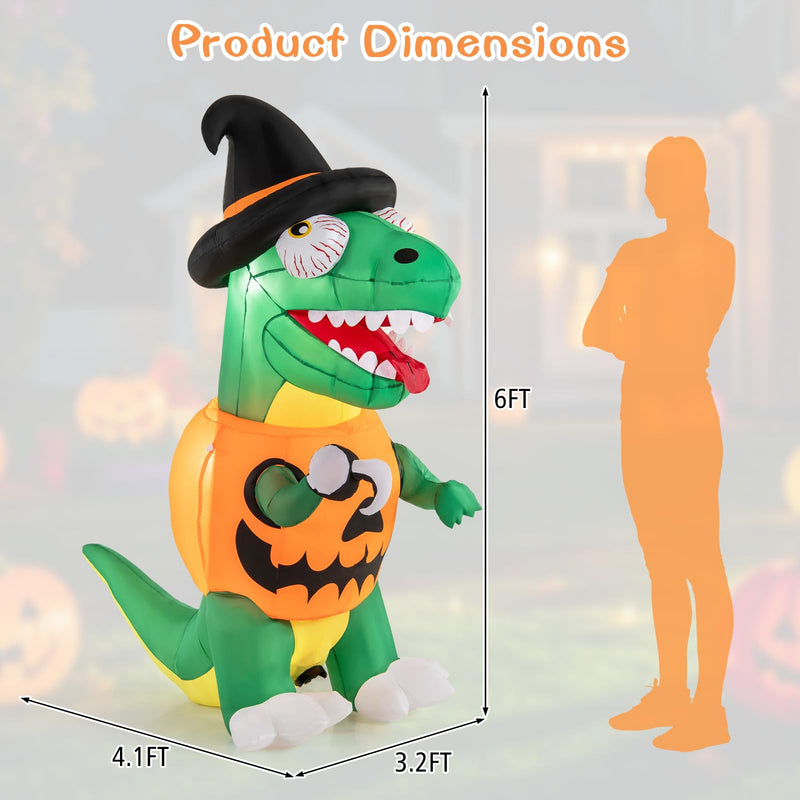 Load image into Gallery viewer, Goplus 6 FT Inflatable Pumpkin Dinosaur, Blow up Yard Decoration with Built-in LED Lights & Witch Hat