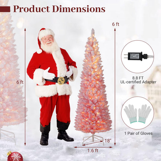 Goplus 6ft / 7ft Pink Slim Pencil Christmas Tree | Pre-lit Snow Flocked Artificial Skinny Xmas Tree