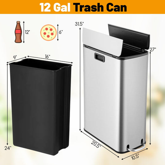 Goplus 12 Gallon Stainless Steel Trash Can, Kitchen Waste Bin with Soft-Closing Wing Lids & Removable Inner Bucket