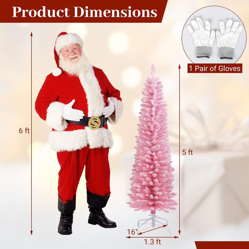 Load image into Gallery viewer, Goplus 5ft / 6ft Pink Slim Pencil Christmas Tree | Snow Flocked Skinny Xmas Full Tree