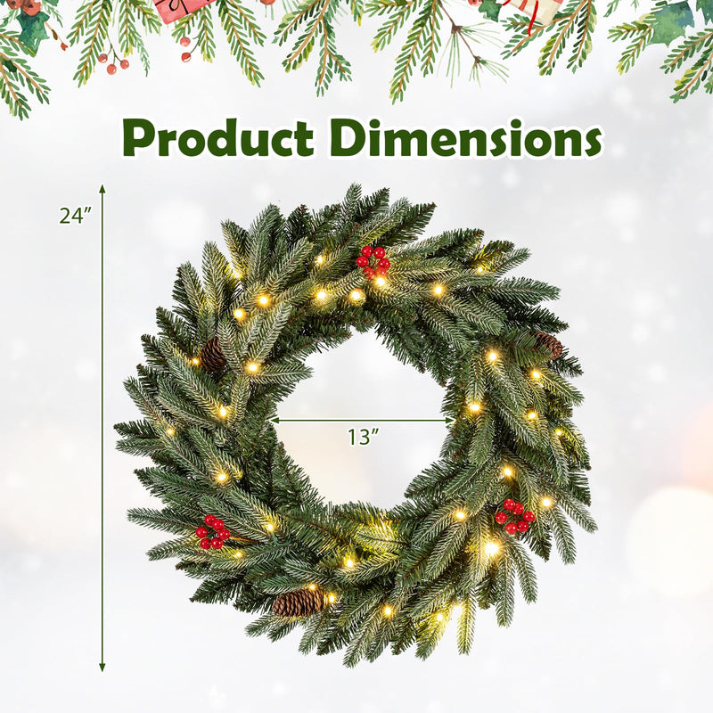 Load image into Gallery viewer, 24” Pre-lit Christmas Wreath Front Door Artificial Xmas Wreath with 90 Frosted Branch Tips