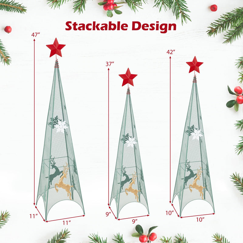 Load image into Gallery viewer, Goplus Set of 3 Tower Shaped Christmas Trees (3ft/3.5ft/4ft), Artificial Xmas Metal Trees with Removable Star Toppers & Reindeer
