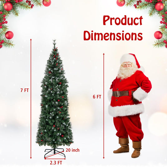 Goplus 9ft Pre-Lit Pencil Christmas Tree, Artificial Hinged Slim Xmas Tree with 500 Warm-White LED Lights