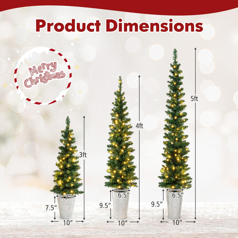 Load image into Gallery viewer, Goplus 3' 4' 5' Pre-Lit Artificial Christmas Tree Set of 3, Slim Pencil Potted Xmas Tree with 423 Branch Tips, 230 Warm White LED Lights