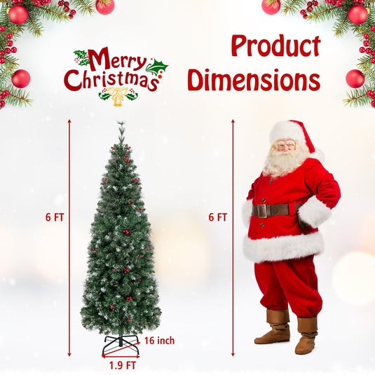 Goplus 9ft Pre-Lit Pencil Christmas Tree, Artificial Hinged Slim Xmas Tree with 500 Warm-White LED Lights