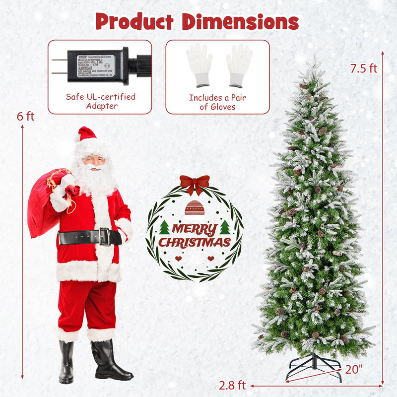 Load image into Gallery viewer, Goplus 7.5 FT Pre-Lit Pencil Christmas Tree, Artificial Snow Flocked Hinged Fake Slim Xmas Tree with 350 Warm-White LED Lights