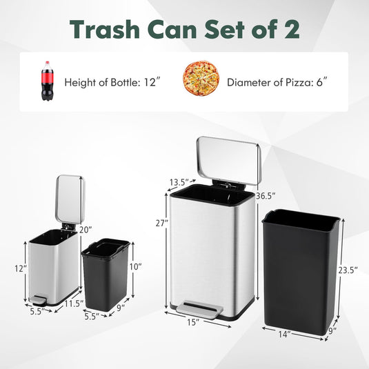 Goplus Step Trash Can Combo Set, 10.6 Gal/40 L and 1.6 Gal/6 L Stainless Steel Waste Bin