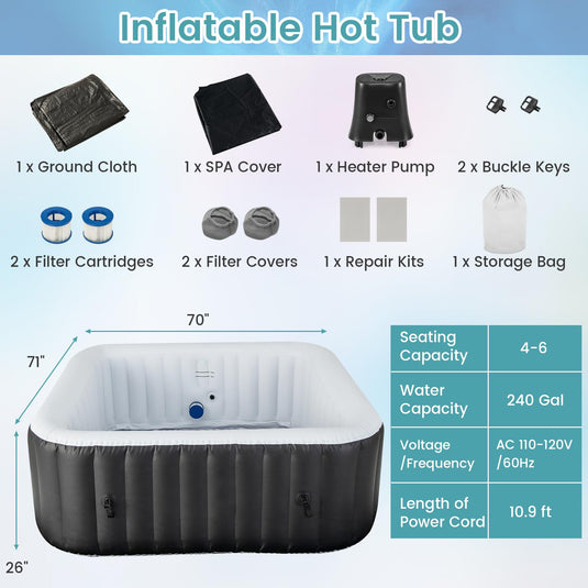 Goplus Inflatable Hot Tub, Blowup Pool Hottub, Portable Outdoor Water SPA