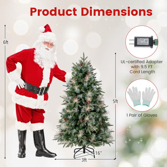 Goplus 5FT / 6FT / 7FT Pre-Lit Artificial Christmas Tree with LED Lights Pine Cones Berries