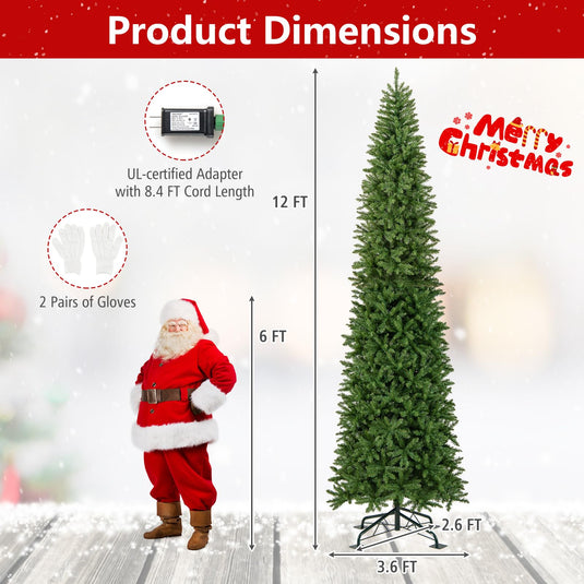 Goplus 12 FT Tall Pre-Lit Slim Pencil Christmas Tree | Holiday Party Decoration