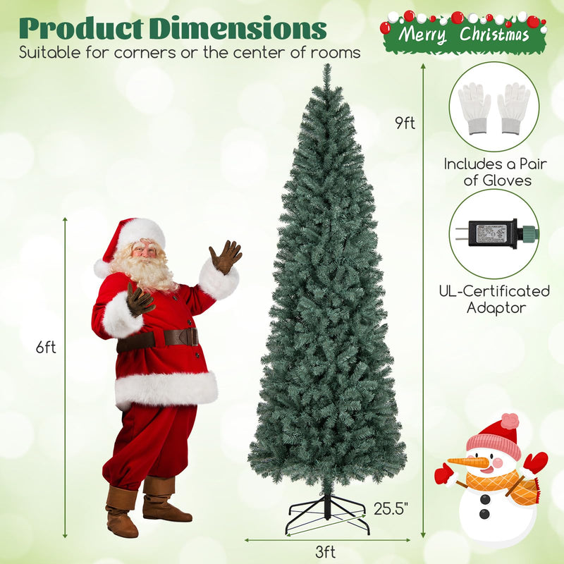 Load image into Gallery viewer, Goplus 9ft Pre-Lit Blue Slim Pencil Christmas Tree with 500 Warm White & Multicolored LED Lights, 9 Modes, 1168 Branch Tips
