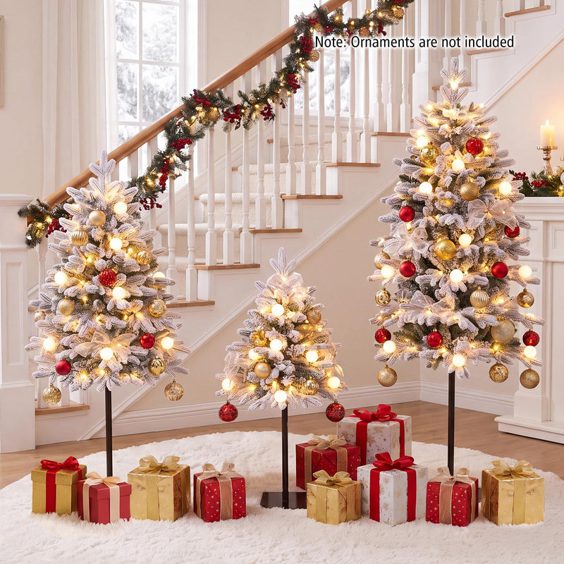 Load image into Gallery viewer, Goplus 3' 4' 5' Pre-Lit Flocked Christmas Tree Set of 3 | Battery Operated Artificial Snowy Xmas Trees