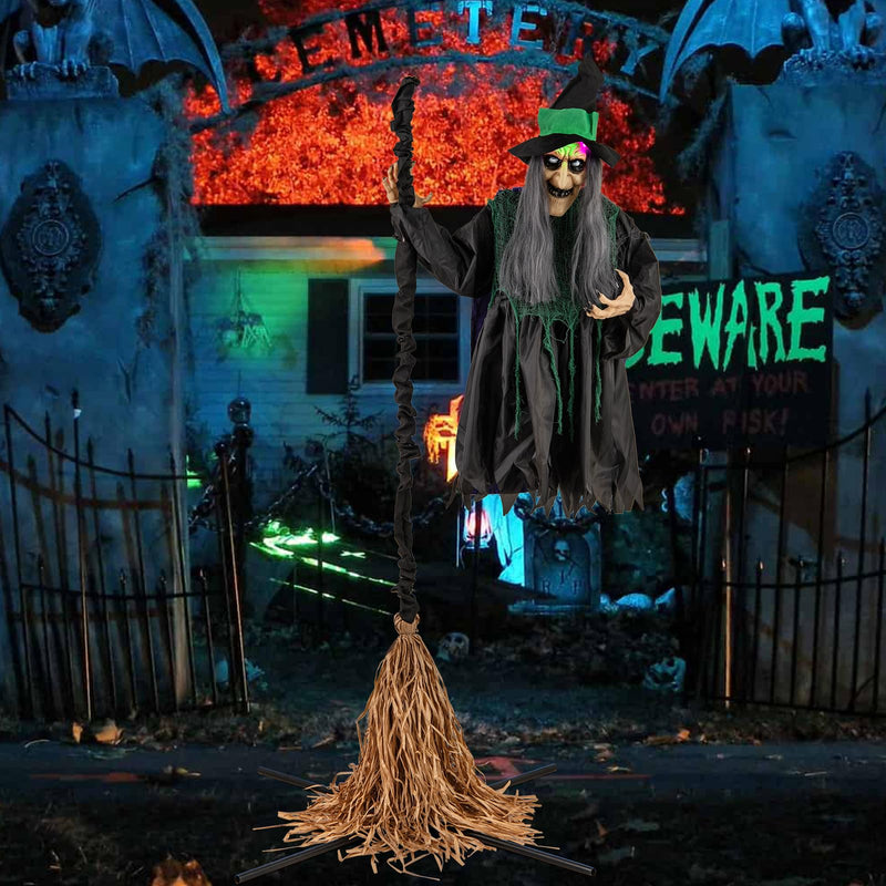Load image into Gallery viewer, Goplus Witch with Broomstick Halloween Animatronic, Life Size Animated Halloween Prop with Laughing and Screaming Sound