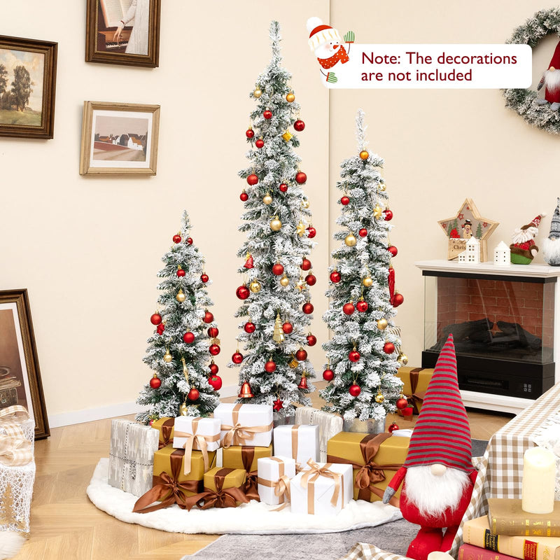 Load image into Gallery viewer, Goplus 3' 4' 5' Pre-Lit Snow Flocked Christmas Tree Set of 3, Slim Pencil Artificial Potted Xmas Trees with 423 Branch Tips