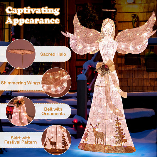 Goplus Pre-lit 3D Glittered Angel with 100 Warm White Lights Halo Bow Ground Stakes