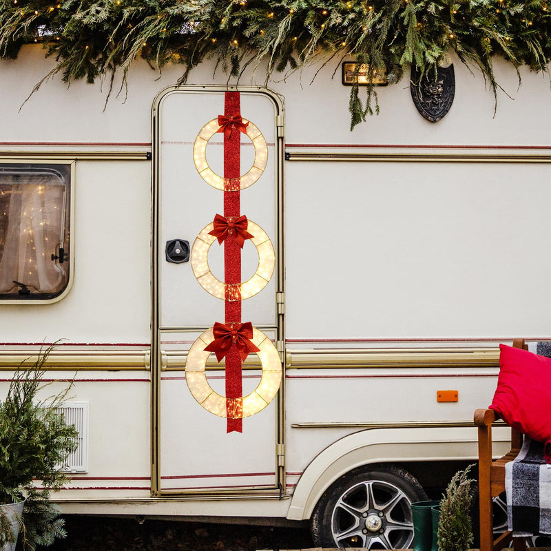 Load image into Gallery viewer, Goplus Set of 3 Pre-Lit Wreaths, 5.8 FT Xmas Light-up Decorations on Red Ribbon with 450 LED Lights