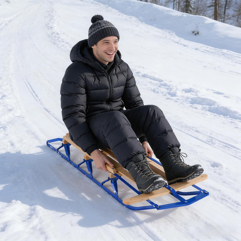 Load image into Gallery viewer, Goplus 54” Steel & Wooden Pull Sleigh Snow Slider Toddler Toboggan with Metal Runners and Steering Bar