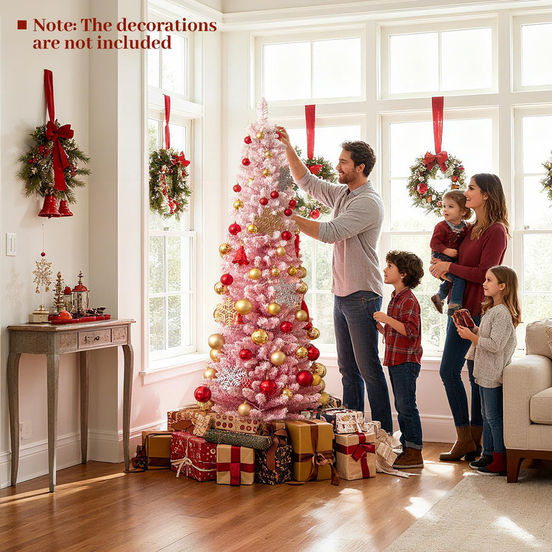 Load image into Gallery viewer, Goplus 6ft / 7ft Pink Slim Pencil Christmas Tree | Pre-lit Snow Flocked Artificial Skinny Xmas Tree