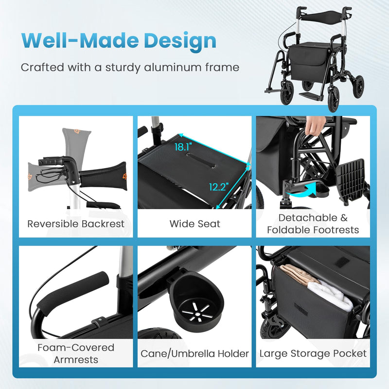 Load image into Gallery viewer, 2 in 1 Folding Rolling Rollator Walker & Wheelchair Combo with Brakes