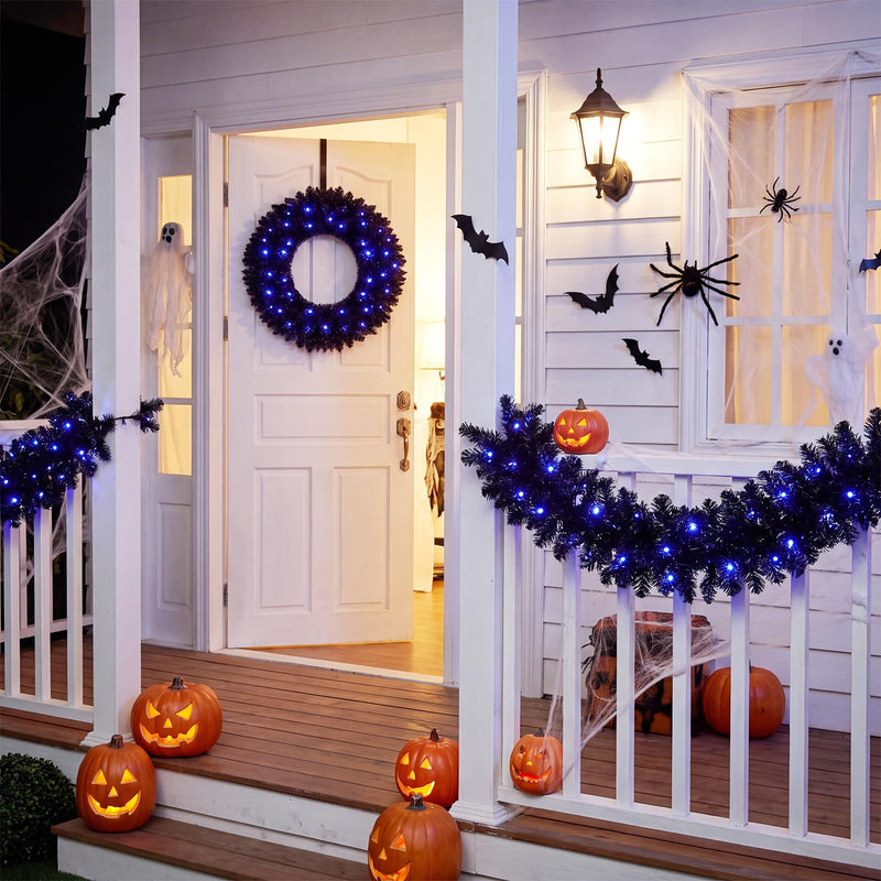 Load image into Gallery viewer, Goplus 24" Black Halloween Wreath and 9 ft Garland Set for Christmas