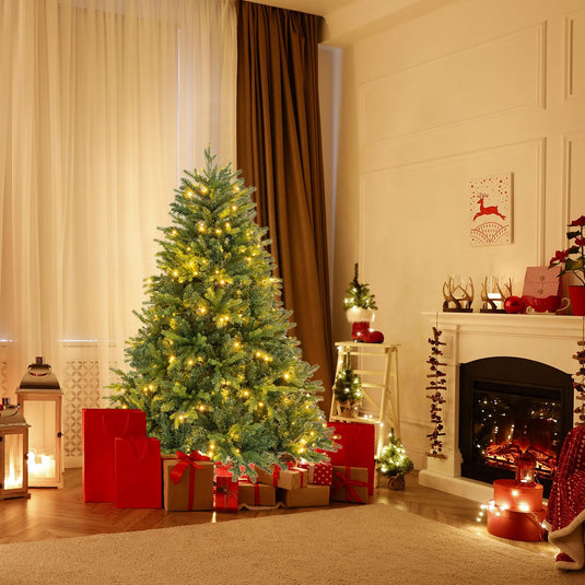 Goplus Pre-Lit Artificial Christmas Tree, Hinged Xmas Tree with Warm-White & Multi-Color LED Lights