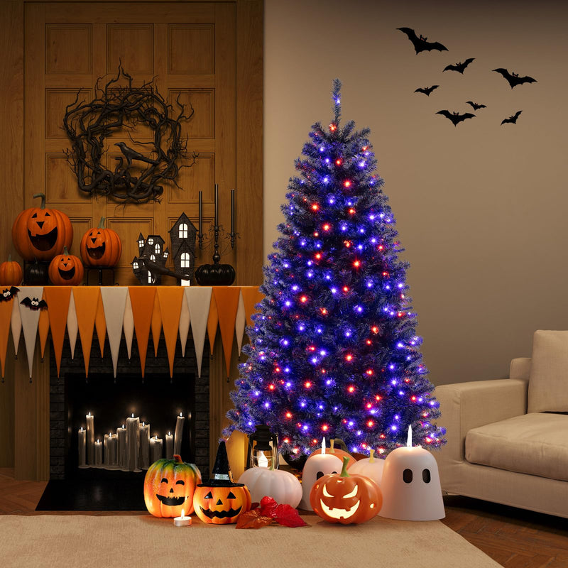 Load image into Gallery viewer, Goplus 6/7/8 FT Pre-Lit Black Halloween Tree, Artificial Hinged Christmas Tree with 280/380/500 Orange & Purple LED Lights