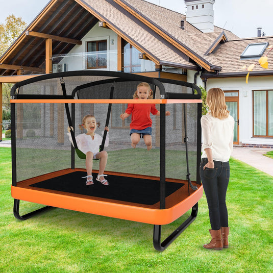 Goplus 6FT Kids Trampoline with Swing, ASTM Approved Rectangle Recreational Trampoline w/Enclosure Safety Net