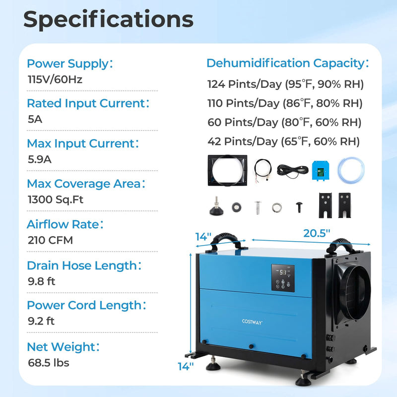 Load image into Gallery viewer, 124 PPD Commercial Dehumidifier, 1300 Sq.Ft Crawl Space Dehumidifier with 9.8 FT Drain Hose & Wired Remote Control Panel