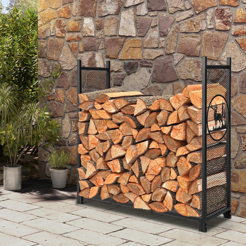 Load image into Gallery viewer, Goplus Firewood Rack Outdoor, 4 FT Metal Log Storage Rack with Mesh Sides & Base