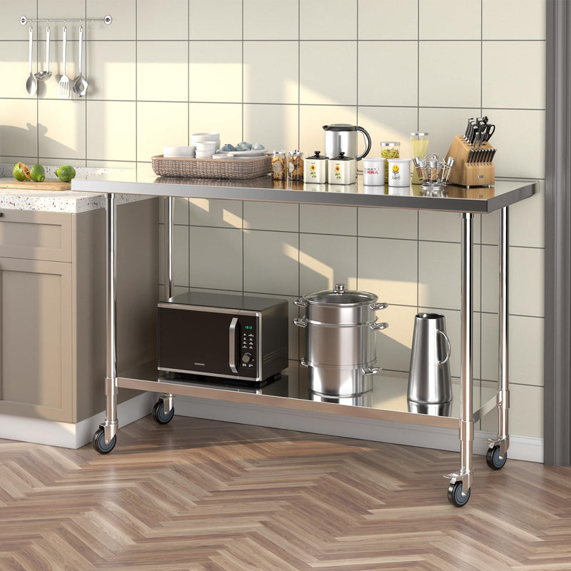Load image into Gallery viewer, Goplus Stainless Steel Table with Wheels, 60” x 24” Rolling Kitchen Prep Table Work Table with Height Adjustable Under Shelf