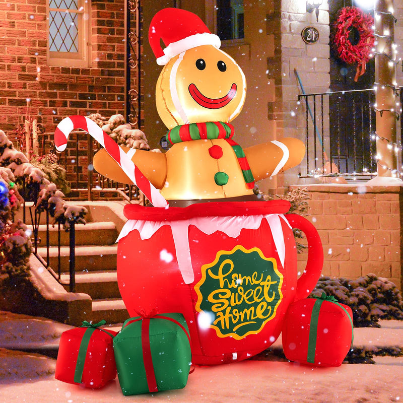 Load image into Gallery viewer, Goplus 7 Ft Christmas Inflatable, Blow up Pre-Lit Gingerbread Man in Mug with Gift Boxes & Candy Cane
