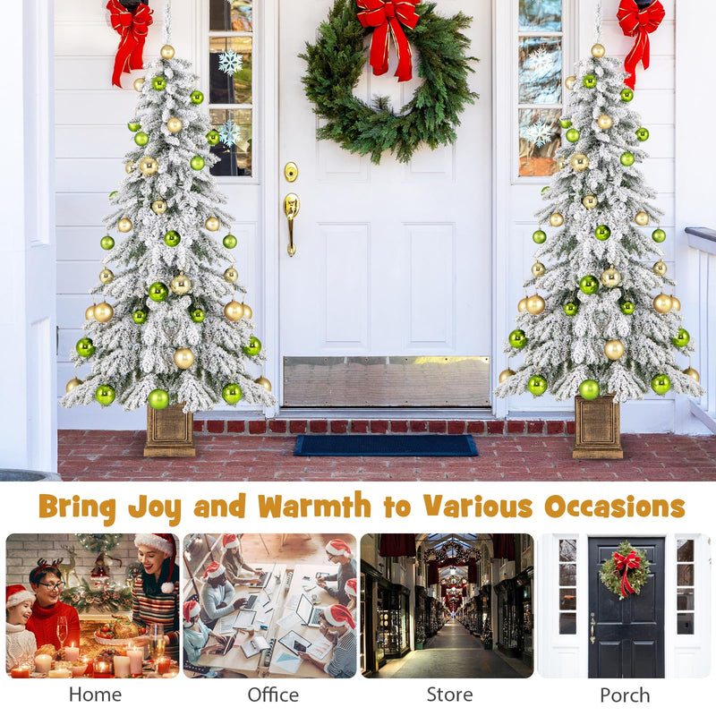 Load image into Gallery viewer, Goplus 6ft Snow Flocked Christmas Tree for Entrances, Hinged Artificial Potted Xmas Tree with 48 Ball Ornaments